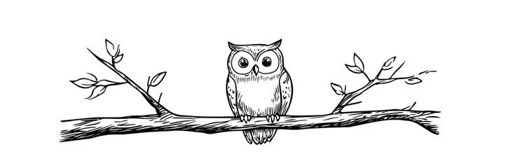 owl sitting on tree branch with leaves doodle sketch vector