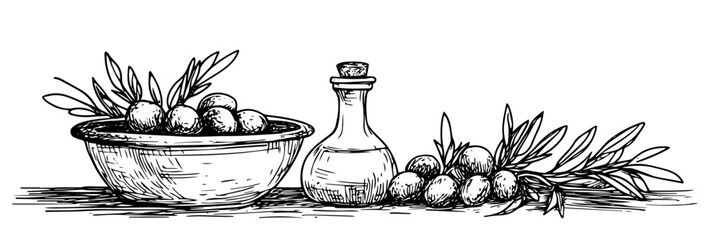 bowl of olives with oil bottle and branches – mediterranean food sketch