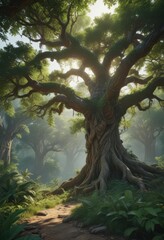 Fototapeta premium Ancient tree, exotic vines, lush foliage, jungle growth, biology, vines, texture