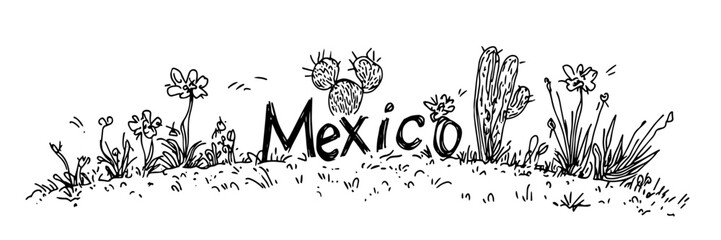 mexico floral landscape with text hand drawn vector illustration in black and white