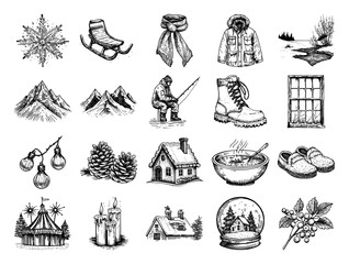 winter icons including snowflake, scarf, cabin, soup, pinecone, and boots vector doodle sketch © Kaz