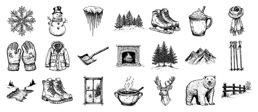 winter elements including snowflake, snowman, fireplace, polar bear, hot drink, and forest, hand drawn vector doodle icons