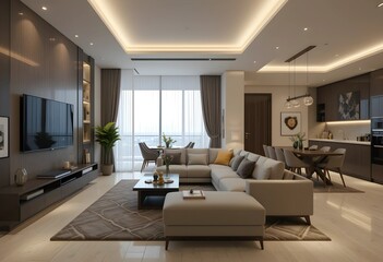 Luxurious apartment background with contemporary design. Modern interior design with sofa and TV wall. 3D render, 3D illustration.