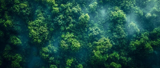 Fototapeta premium Green forest from above, shrouded in fog. Ideal for design articles about nature, ecology, travel.