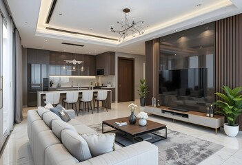 Modern contemporary living room with kitchen and dining room. Luxurious apartment background with contemporary design. 3D render, 3D illustration.