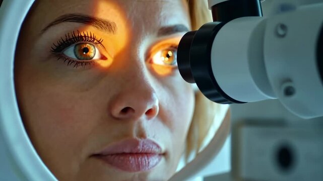 Eye examination reveals stunning details of a young woman's eyes as she engages with advanced equipment