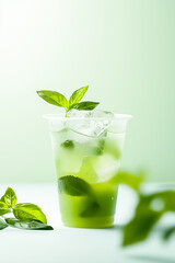 Refreshing green beverage garnished with mint leaves, served icy cold in a clear cup.