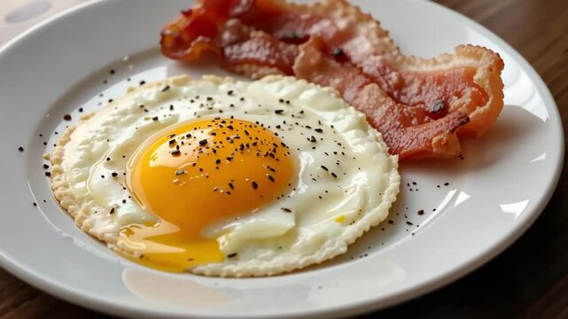 Delicious breakfast plate features sunny-side up egg and crispy bacon adding flavor to the morning routine