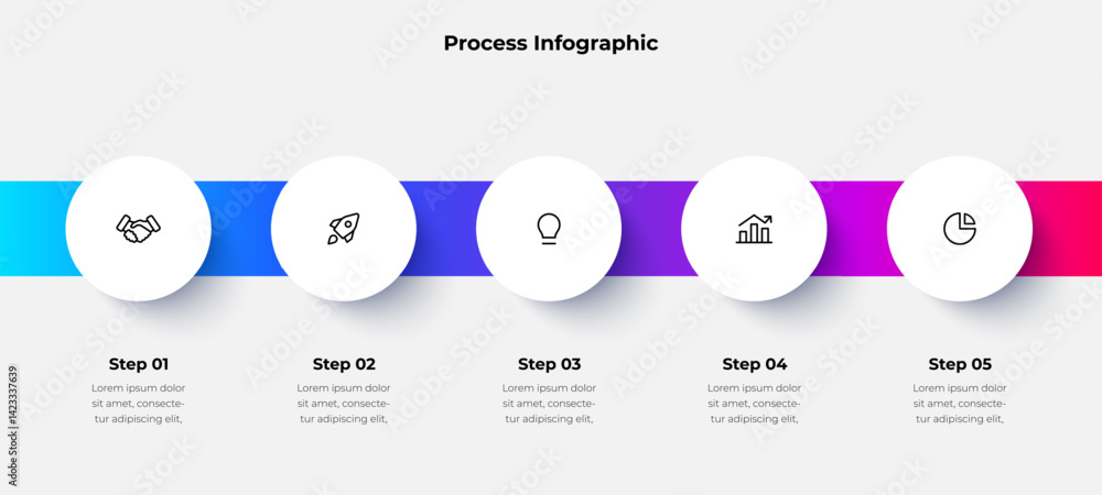 Poster Clean and colorful infographic template showing five steps of a business process with icons and text, perfect for presentations