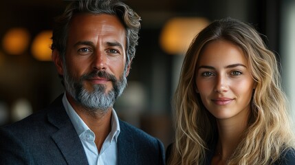 Two confident business professionals standing together, embodying teamwork and professionalism.