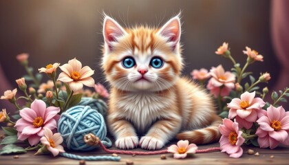 Line art of a playful kitten surrounded by yarn and flowers.
