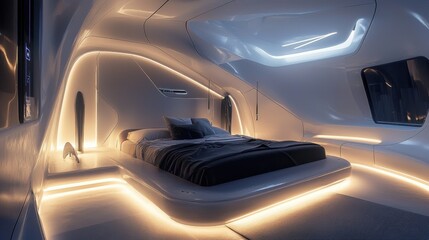 Obraz premium Futuristic, minimalist bedroom with curved, glowing walls and a platform bed.