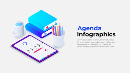 Illustrated overhead view of a workspace featuring an agenda, stacked books, pencils, and a cup, showcasing a professional and clean design for planning, business, and education applications