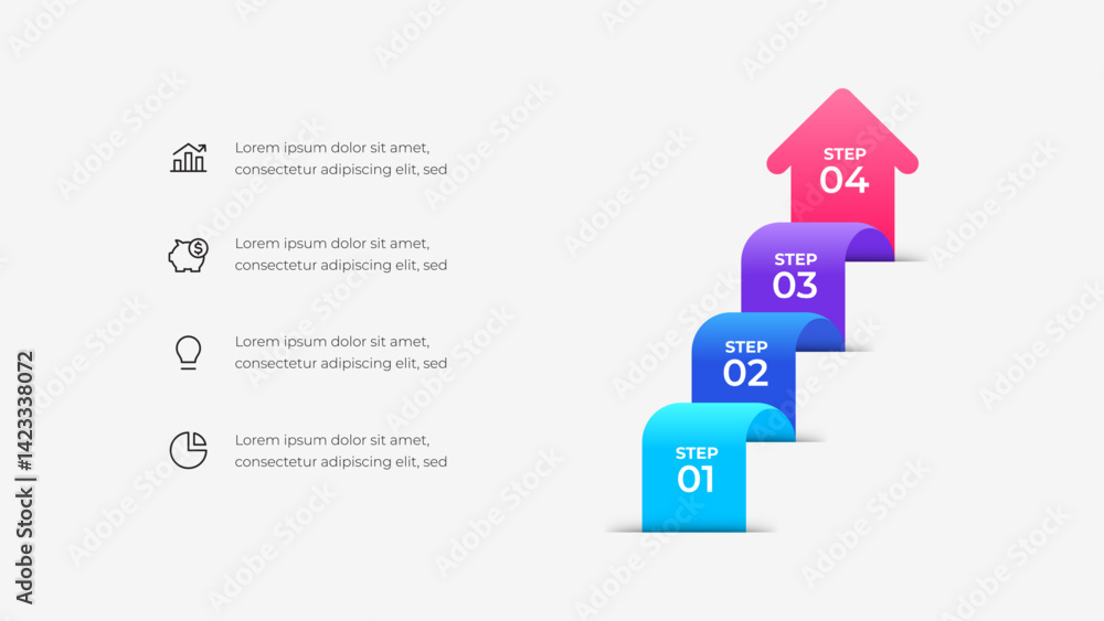 Leinwandbilder A visually appealing infographic featuring a four step ascending path design symbolizing growth and progress, complemented by modern icons for business and development concepts
