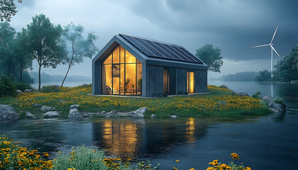 Obraz premium Modern sustainable home on island lake