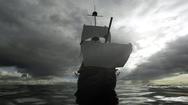 Close up on a pirate ship sailing through stormy ocean. Big scary galleon moving through big waves during cloudy weather. Front view. 3D animation.