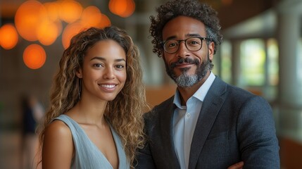 Two confident business professionals standing together, embodying teamwork and professionalism.