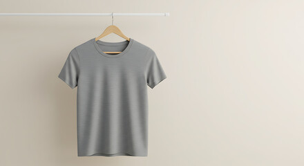 Simple gray t-shirt hanging on wooden hanger, minimal studio shot, neutral background.