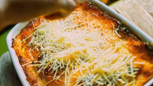 A baked dish with a golden, crispy top, placed in a red casserole dish, accompanied by garlic and a lemon on a wooden surface.