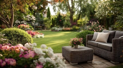 A beautiful day with vibrant blooms in the backyard garden. Wicker patio furniture outside. Well-kept plants and a lawn with green grass. Generative Ai