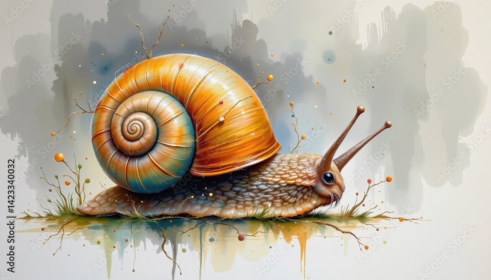 Poster an abstract representation of a snail incorporating elements of watercolor blends and soft focus.