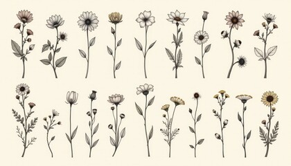 Obraz premium A series of hand drawn botanical illustrations featuring various wildflowers in delicate outlines.