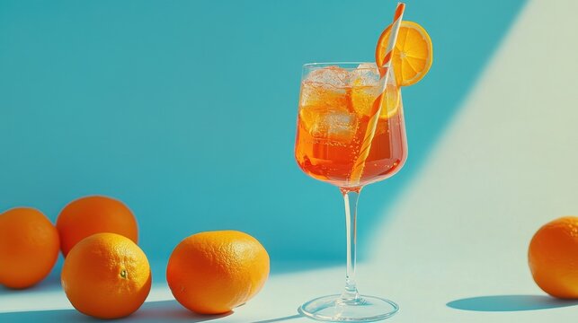 Refreshing cocktail with ice and orange slices displayed on vibrant blue background