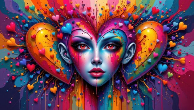 A fantastical design where hearts morph into abstract faces, surrounded by bursts of color.