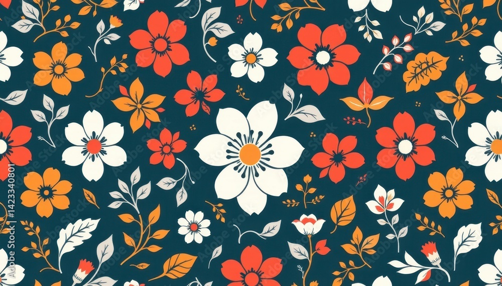 Poster a playful pattern of intertwined flowers and leaves, combining different line styles and thicknesses
