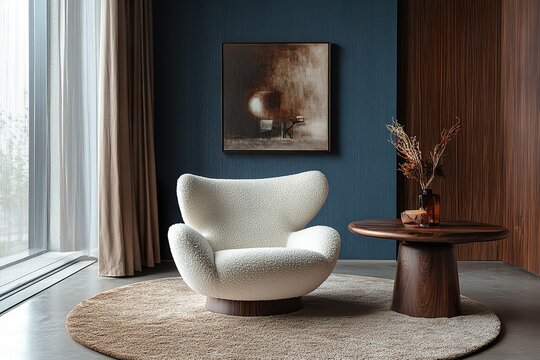 living room interior with fireplaceThe chair has armrests made from luxurious leather fabric, brass legs, and an octagonal wood side table, with warm tones, traditional elements, and soft lighting.