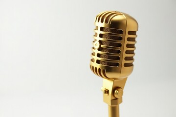 Close-up shot of a single gold microphone isolated on white , object photography, isolated