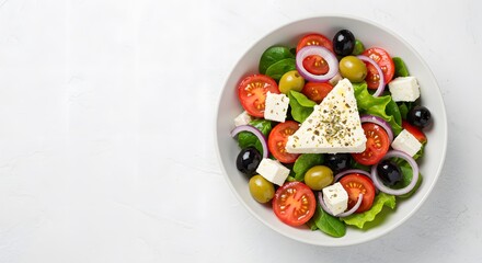 AI image of A fresh Greek salad in a white bowl, featuring tomatoes, cucumbers, onions, olives, and feta cheese. Healthy eating and Mediterranean cuisine.