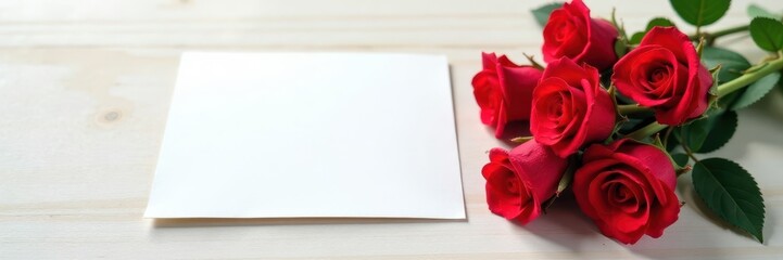 Obraz premium Several miniature red roses arranged on a light wooden surface, beside a blank card , blank card, romantic