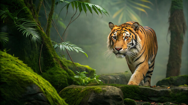 Majestic Bengal Tiger in Lush Jungle with Striking Detail