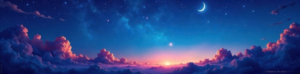 Crinkled paper with stylized night sky, stars, creases, clouds