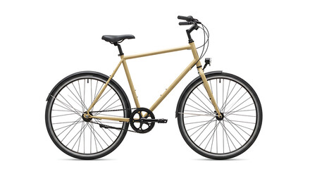 Minimalist commuter bicycle, sand colored frame, clean design on white.