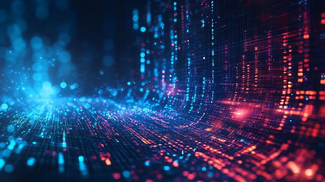 Abstract digital data stream with blue and red glowing lights web code tech cyber binary future