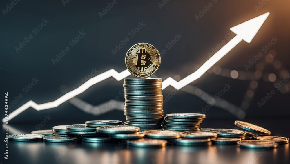 Poster bitcoin coins stacked with a growing chart indicating rising cryptocurrency value trends in a modern
