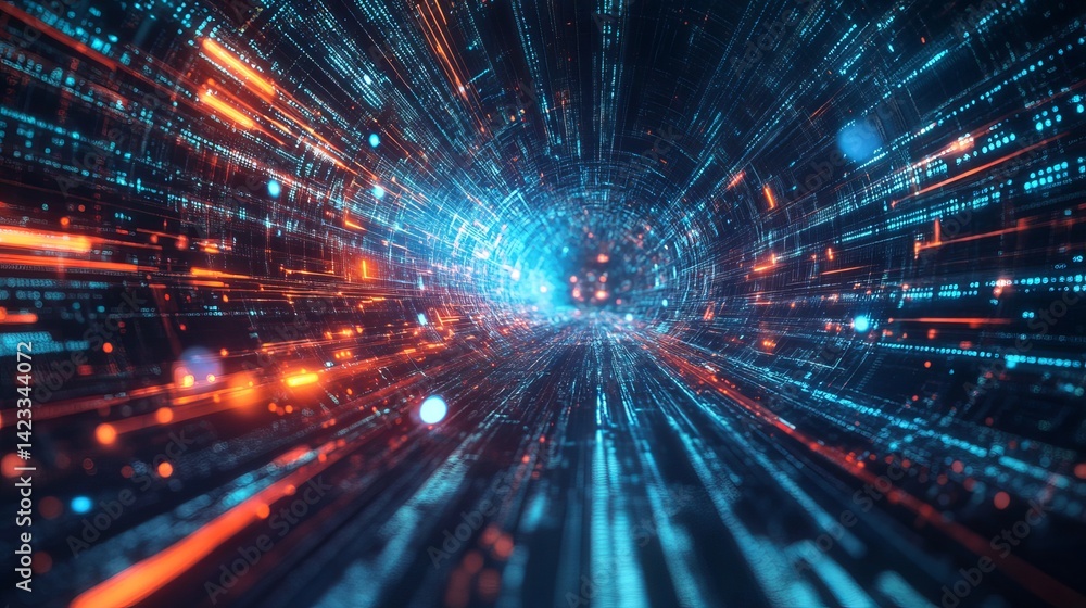 Poster abstract digital tunnel with bright orange and blue data streams code tech neon cyber space light