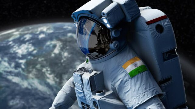 India Astronaut with arm patch flag floating through space. Space program. Spaceman. Earth in background. The country showing national pride. 