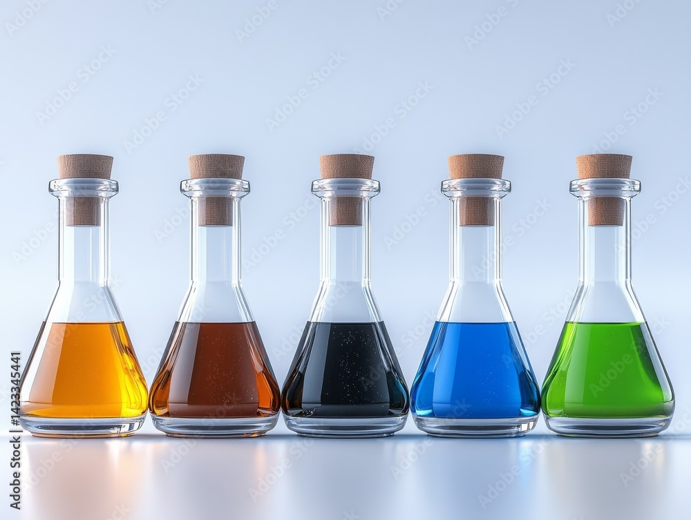 Poster mesmerizing array of colorful liquids in glass bottles, a vibrant and textured visual display