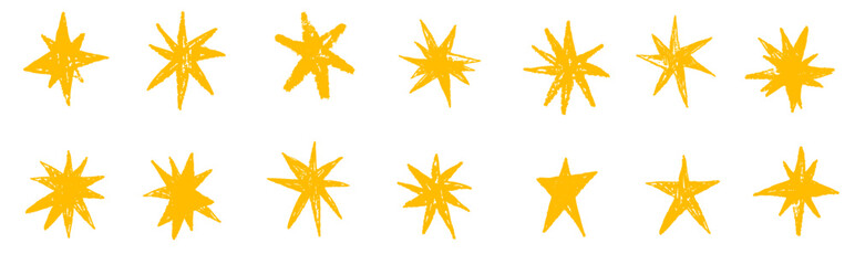 Chalk crayon pencil stars and golden crown in hand drawn doodle line sketchy style. Big vector set of isolated clipart icons for design.