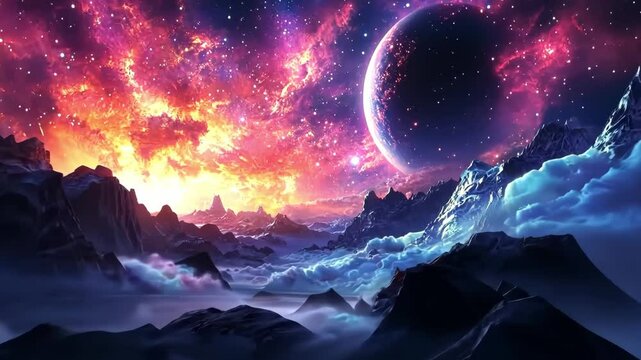 Stunning cosmic landscape featuring vibrant colors and celestial bodies illuminating a dreamy terrain