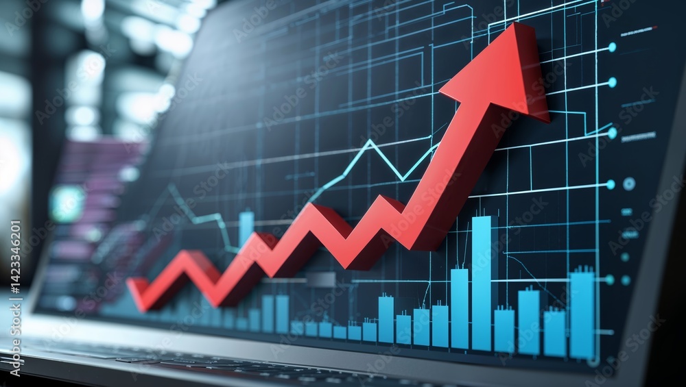 Poster modern digital screen displays upward trend in financial data with colorful graphs and analytics
