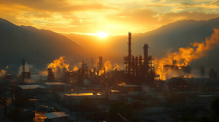 Industrial complex silhouette at sunset energy production manufacturing