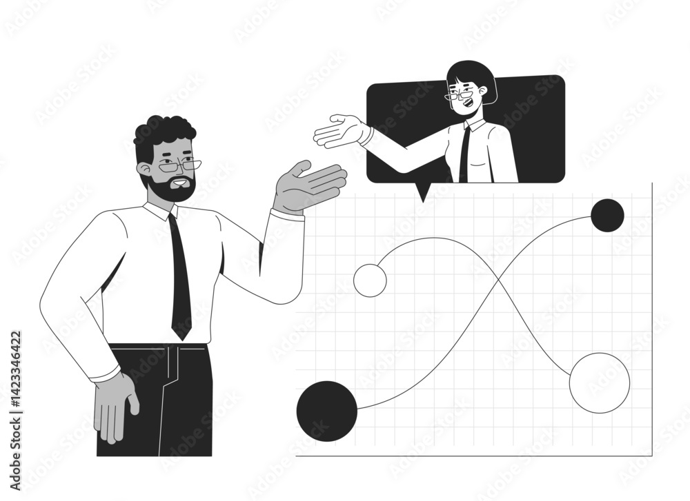 Poster data discussion and analysts collaboration line illustration concept. diverse businesspeople analyzi