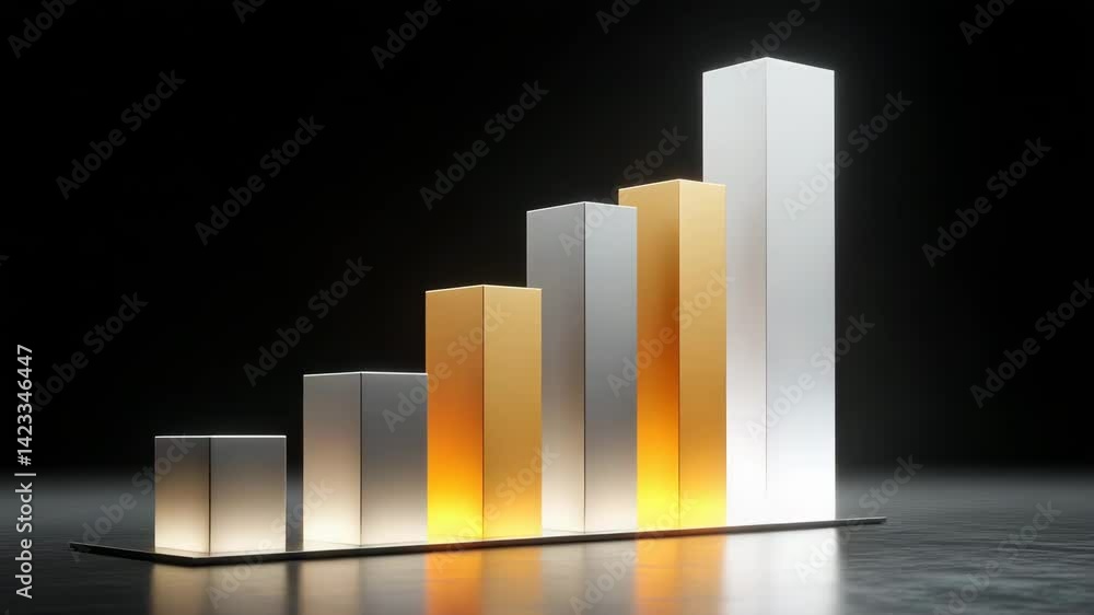 Poster a modern bar graph with glowing rectangular bars of varying heights, displayed against a dark backgr