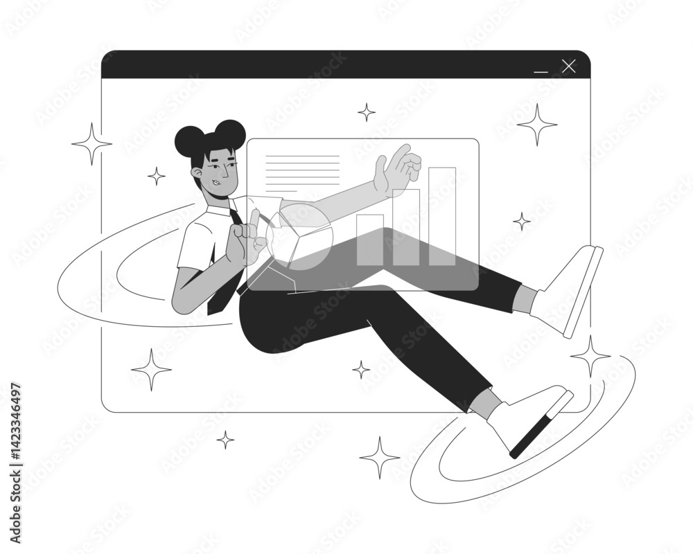 Poster interactive data analysis in virtual workspace line illustration concept. black female professional 