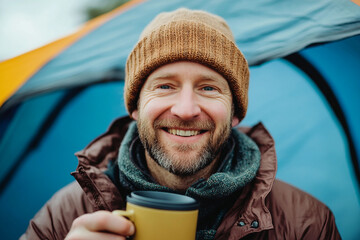 Man enjoying warm drink inside tent during autumn camping adventure in nature, generative ai