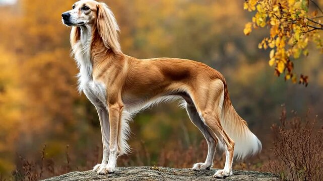 Elegant Saluki dog stands proudly on a rock while basking in the autumn sunlight and surrounded by colorful foliage